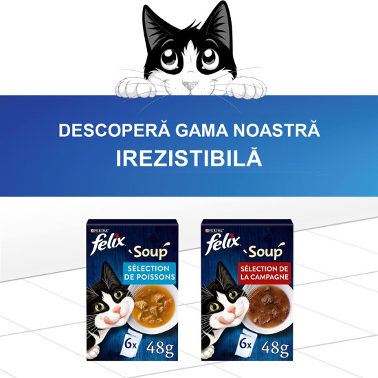Felix Soup Original – hrană umedă complementară pentru pisici adulte, cu pui, plic 48 g